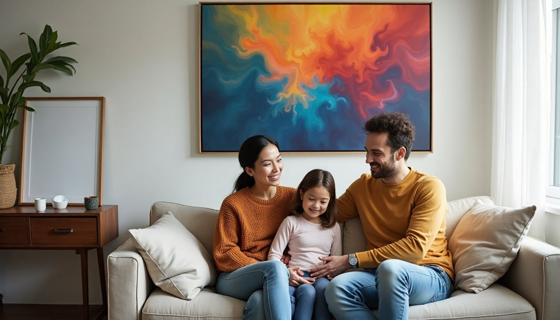Family admiring canvas art in sunlit living room