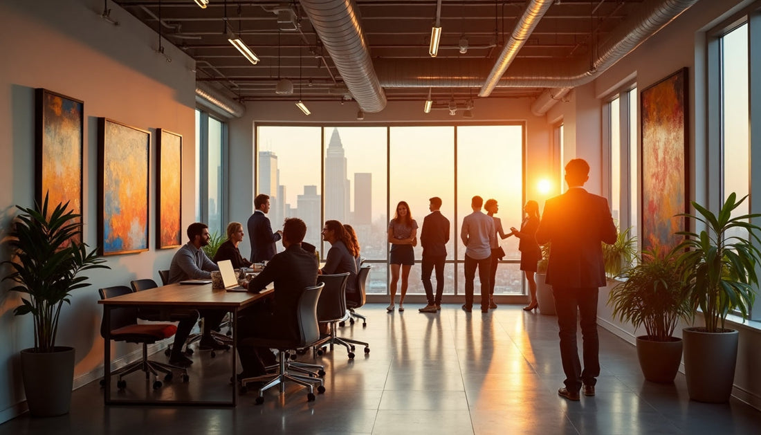 Modern office with art and natural light, people collaborating