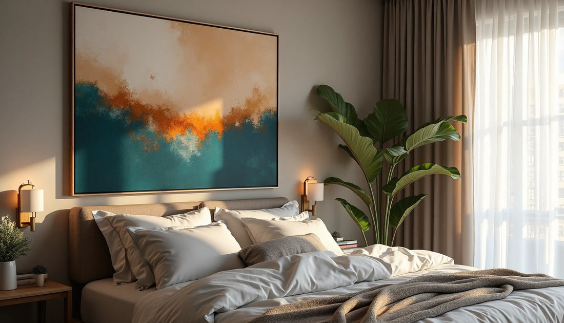 Modern bedroom with AI-generated art and 'Modern Sanctuary' on frame