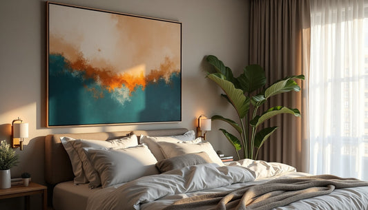 Modern bedroom with AI-generated art and 'Modern Sanctuary' on frame
