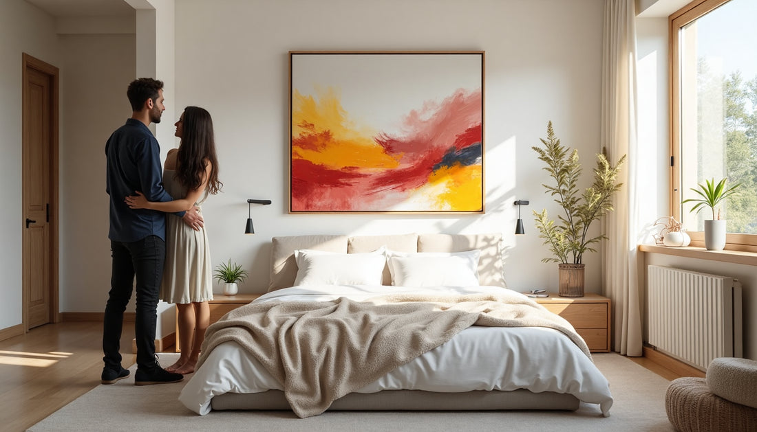 Modern bedroom with couple admiring wall art and text overlay