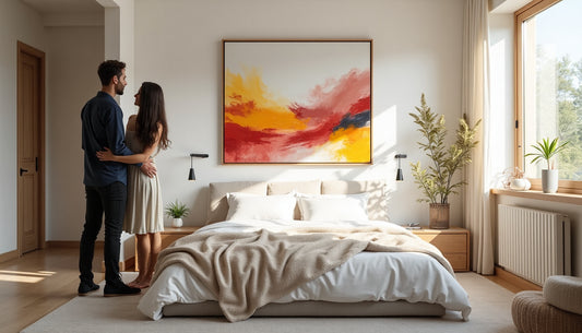 Modern bedroom with couple admiring wall art and text overlay