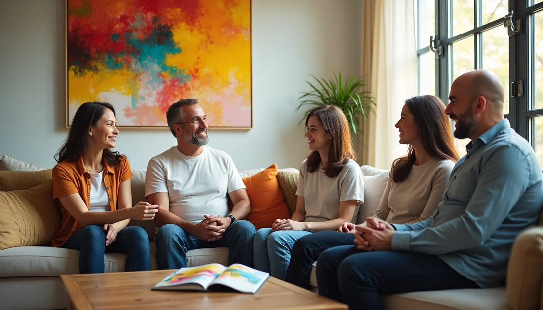 People in sunny living room connect over colorful abstract art