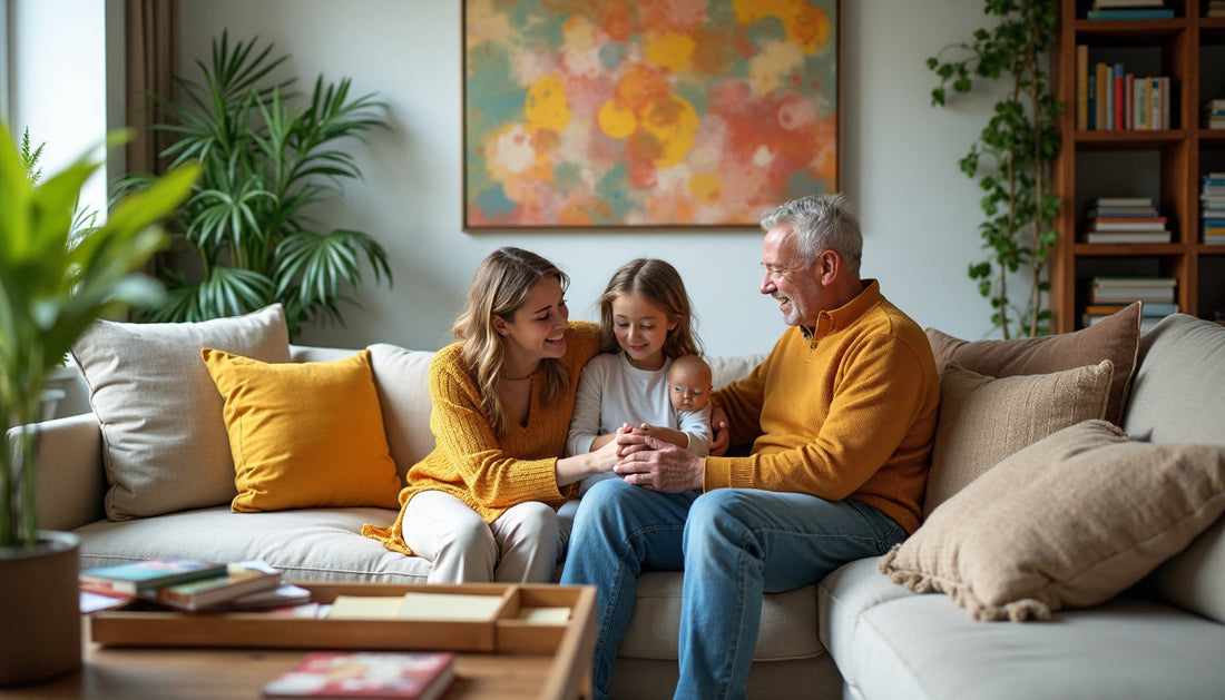 Family in cozy living room with abstract wall art and subtle inspirational poster.