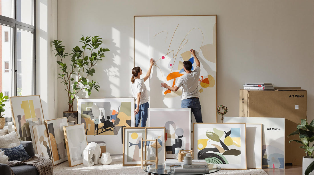 People hanging art in a modern home with various artworks around them