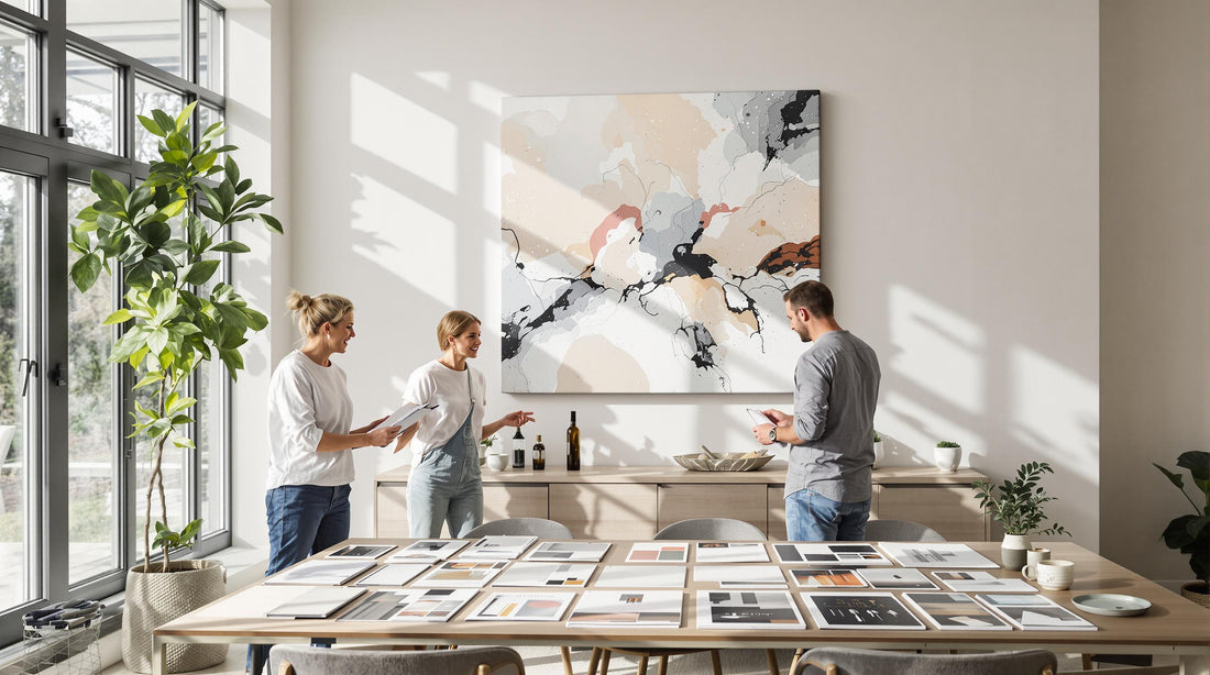 Modern living room with designer and homeowner choosing large canvas art