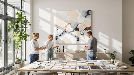 Modern living room with designer and homeowner choosing large canvas art