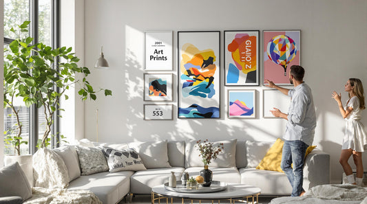 Modern interior with people viewing a gallery wall of art prints