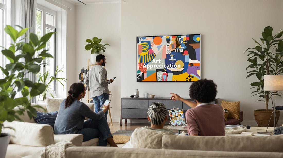 Group admiring art in bright living room, digital devices showing art appreciation theme