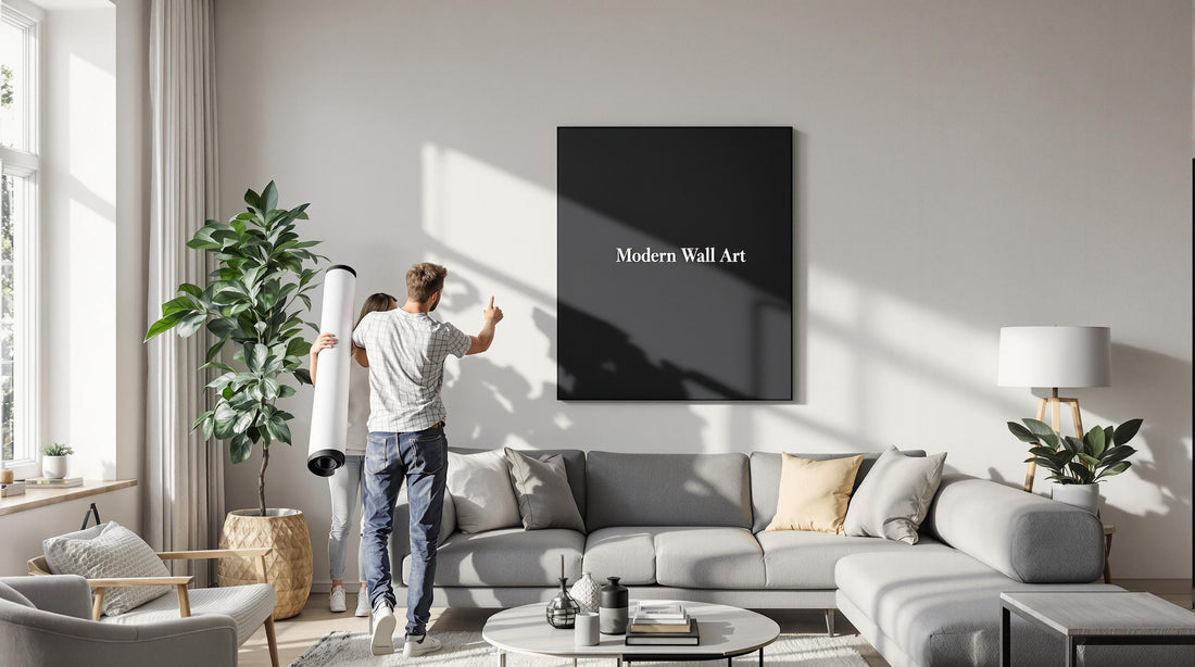 Couple choosing canvas print for modern living room wall