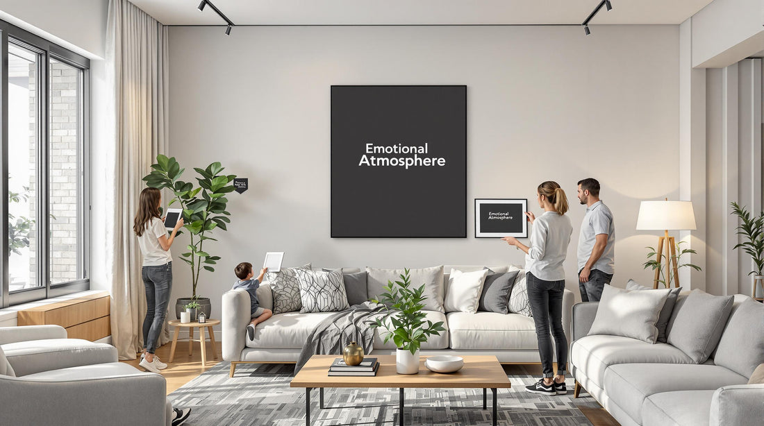 Modern living room with people selecting art, 'Emotional Atmosphere' on wall banner