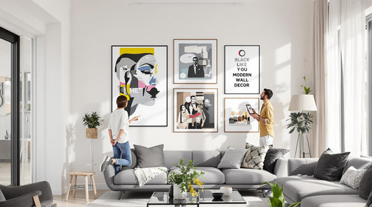 Modern living room with contemporary portrait wall art and viewers