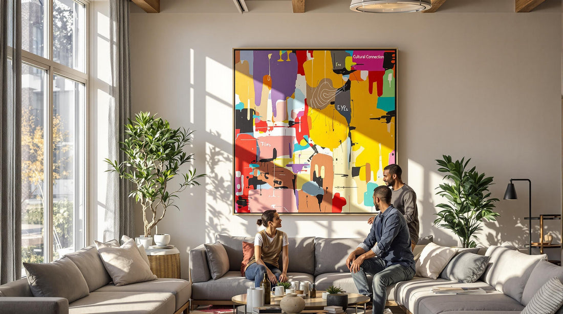People admiring contemporary art in a bright modern living room