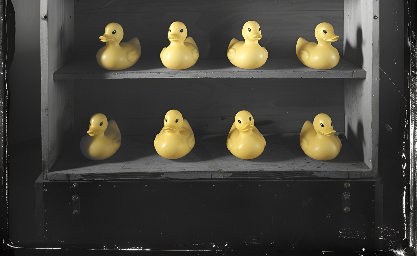 Yellow rubber duck figurines arranged on a wooden shelf, adding a playful touch to decor.