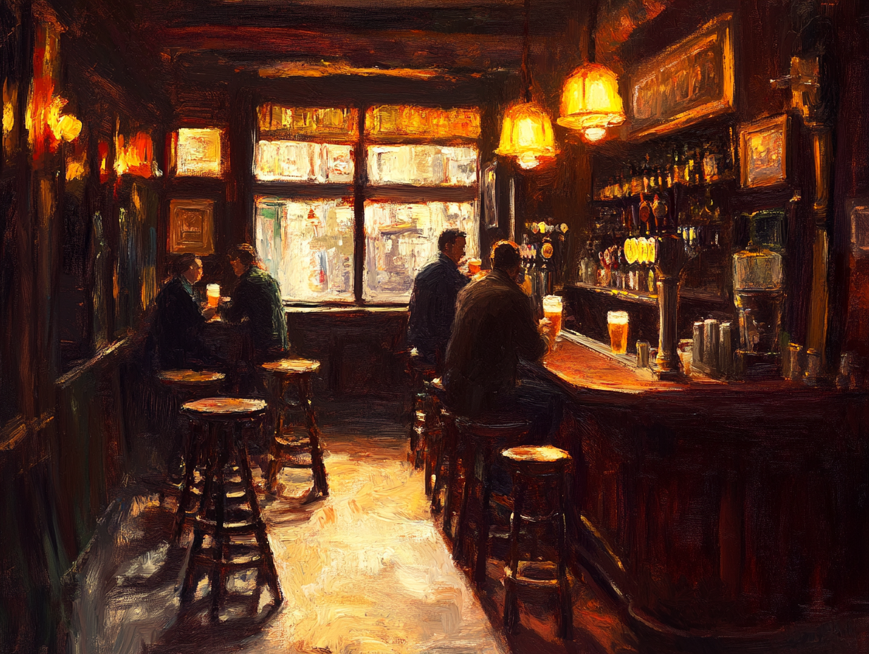 Vintage bar scene canvas art print by My Store, featuring atmospheric lighting, bartenders, and a lively bar setting.