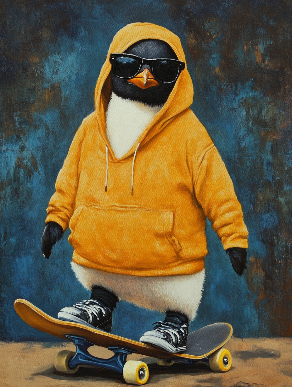 Colorful digital giclée canvas print of a penguin skateboarding in a vibrant skatepark, 90x120cm by My Store.