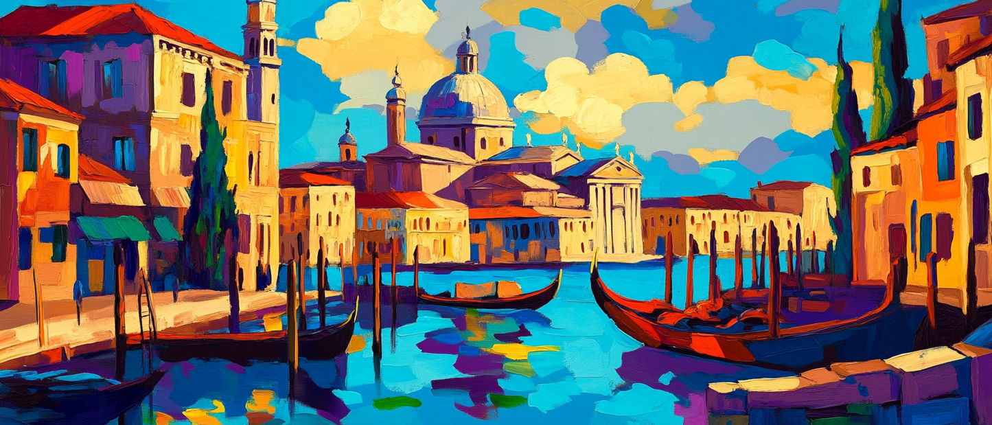 Ultrawide Venice cityscape canvas art print in vibrant colors, 150x64cm, by My Store for stylish bedroom decor.