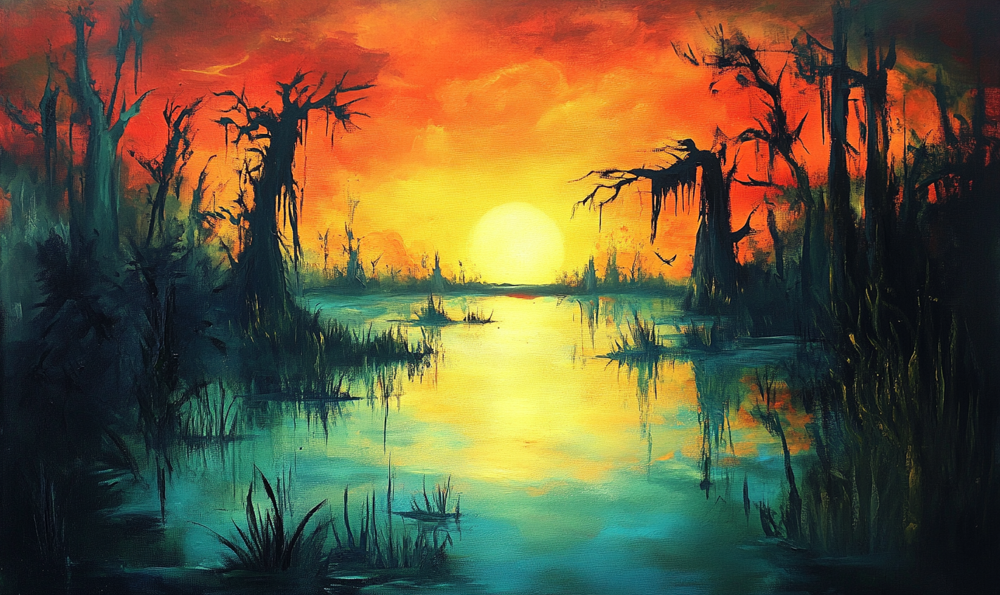Large surreal swamp digital art canvas print by My Store, featuring abstract nature in vibrant colors, 120x71cm.