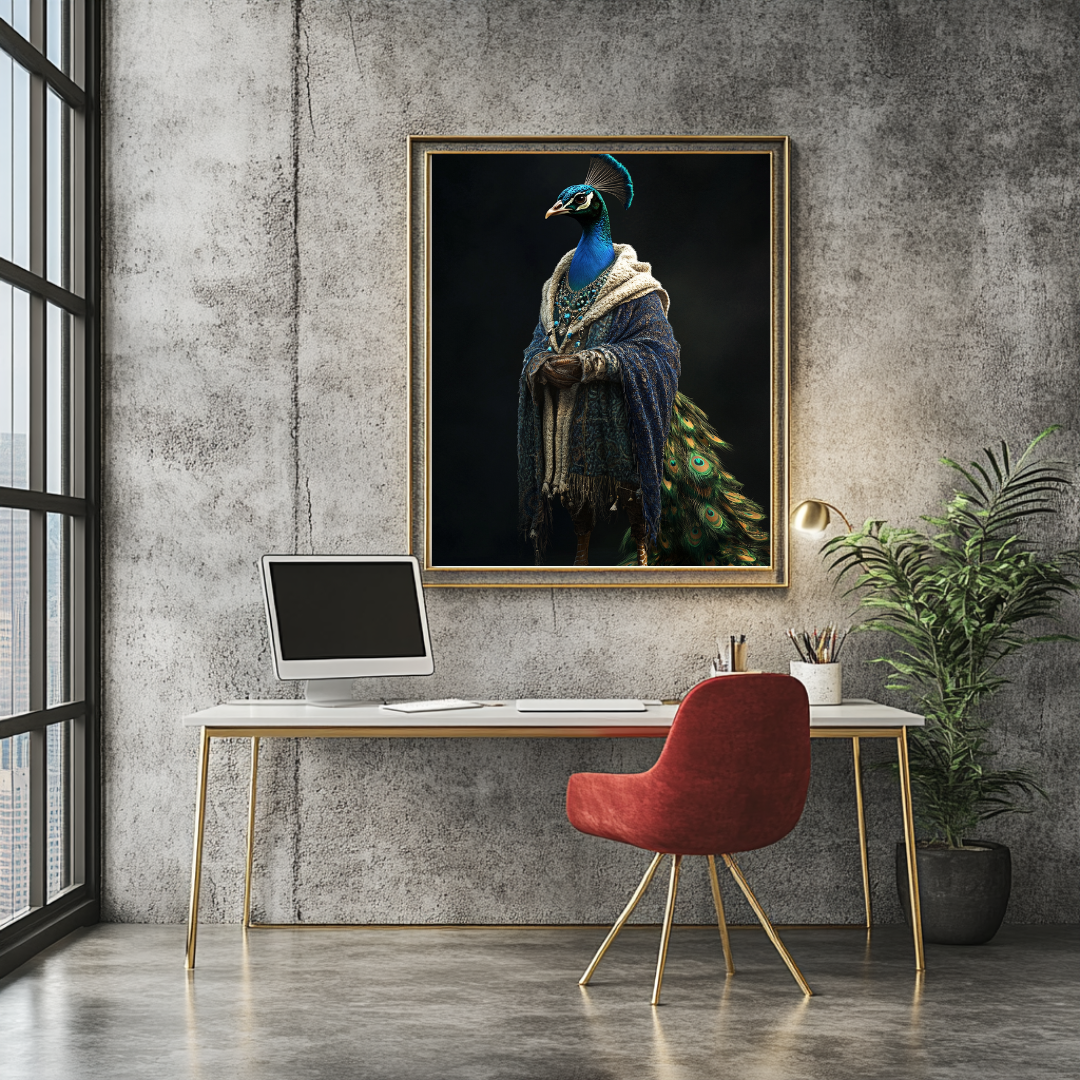 Colorful peacock giclée print on canvas, 90x120cm, by My Store, showcasing vibrant feathers in a striking portrait.