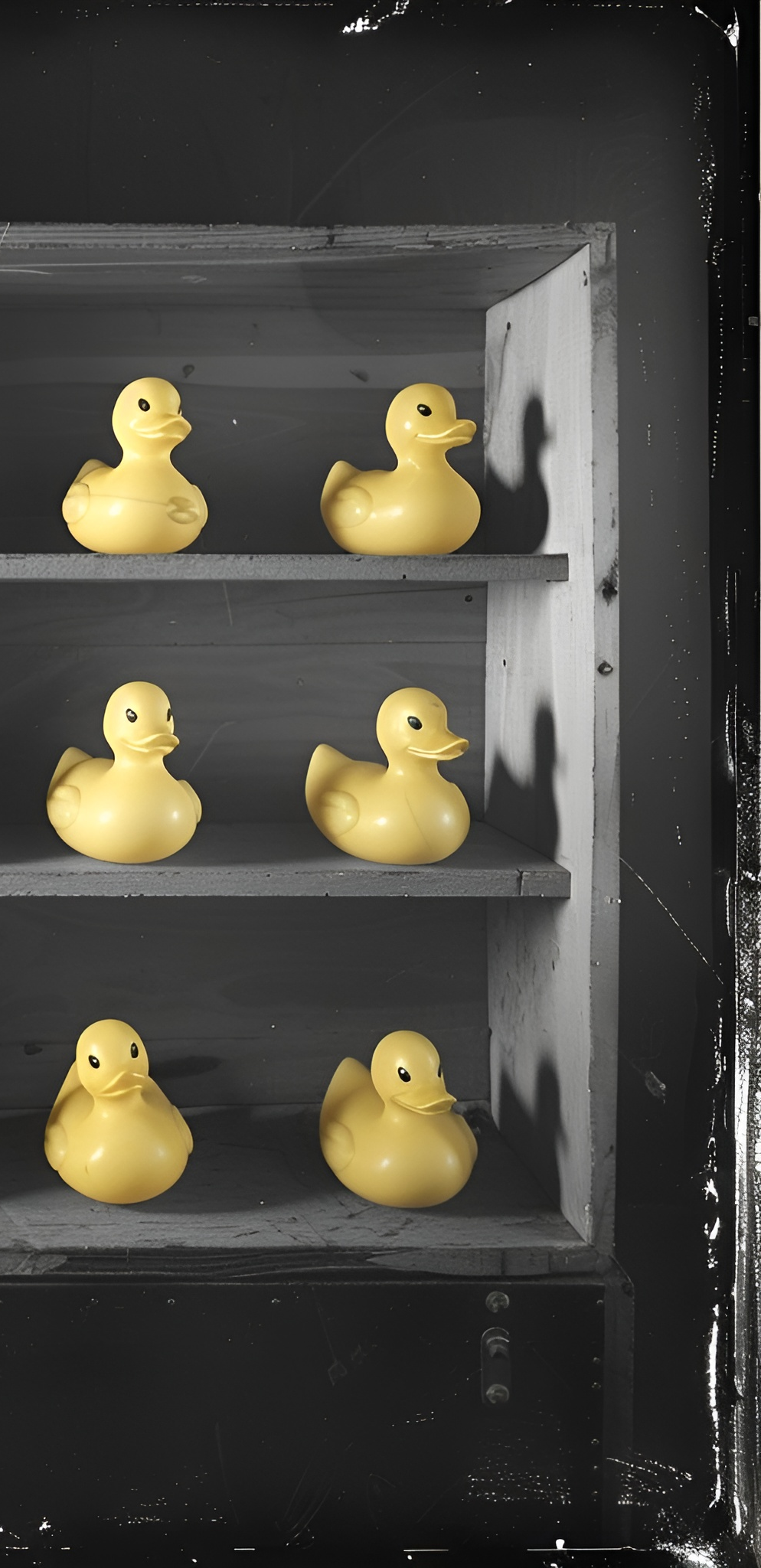 Yellow rubber ducks arranged on a wooden shelf in a contemporary style.