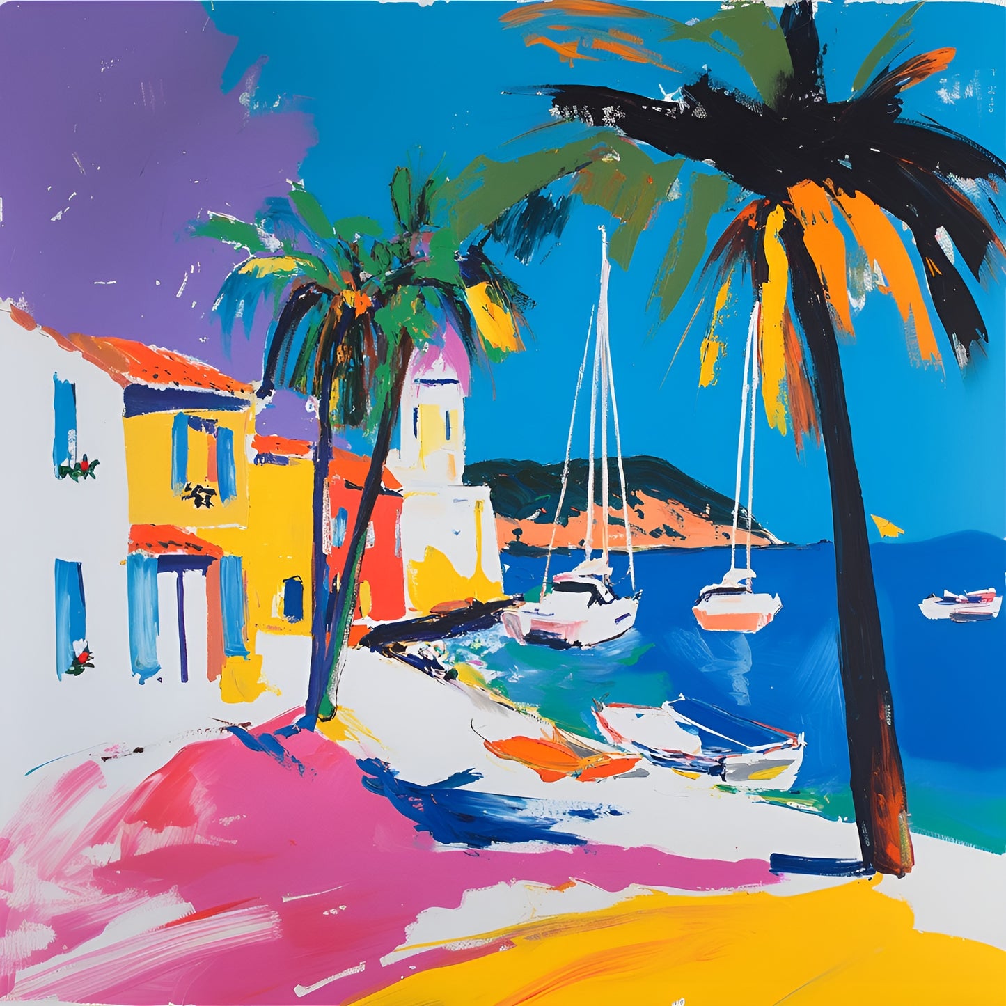 Colorful coastal canvas print of Rio de Janeiro, 120cm, by My Store, featuring tropical beach and boats.