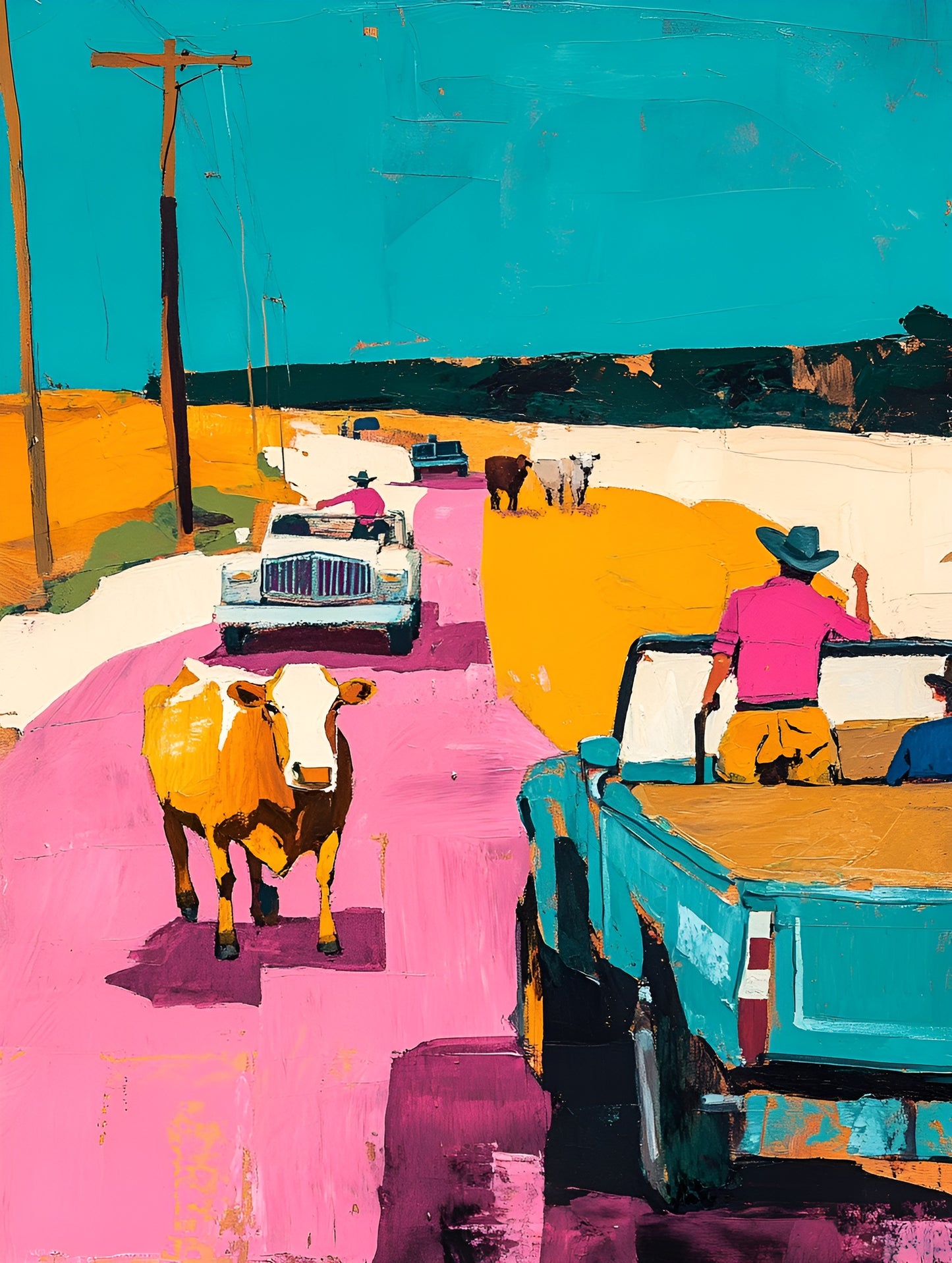 Contemporary Western art print featuring cattle and Cadillacs on canvas, 120x90cm by My Store