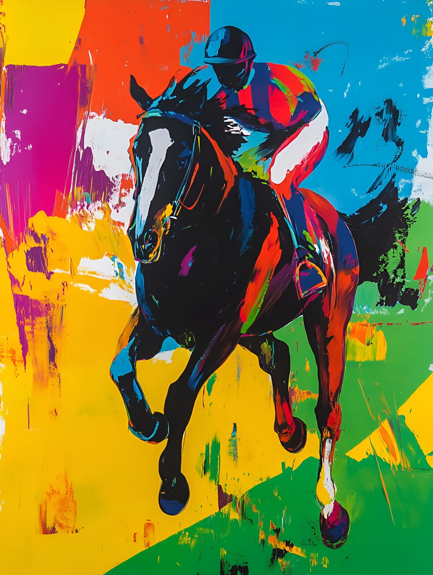 Abstract horse and rider canvas art print in vibrant colors by My Store, perfect for contemporary wall decor.