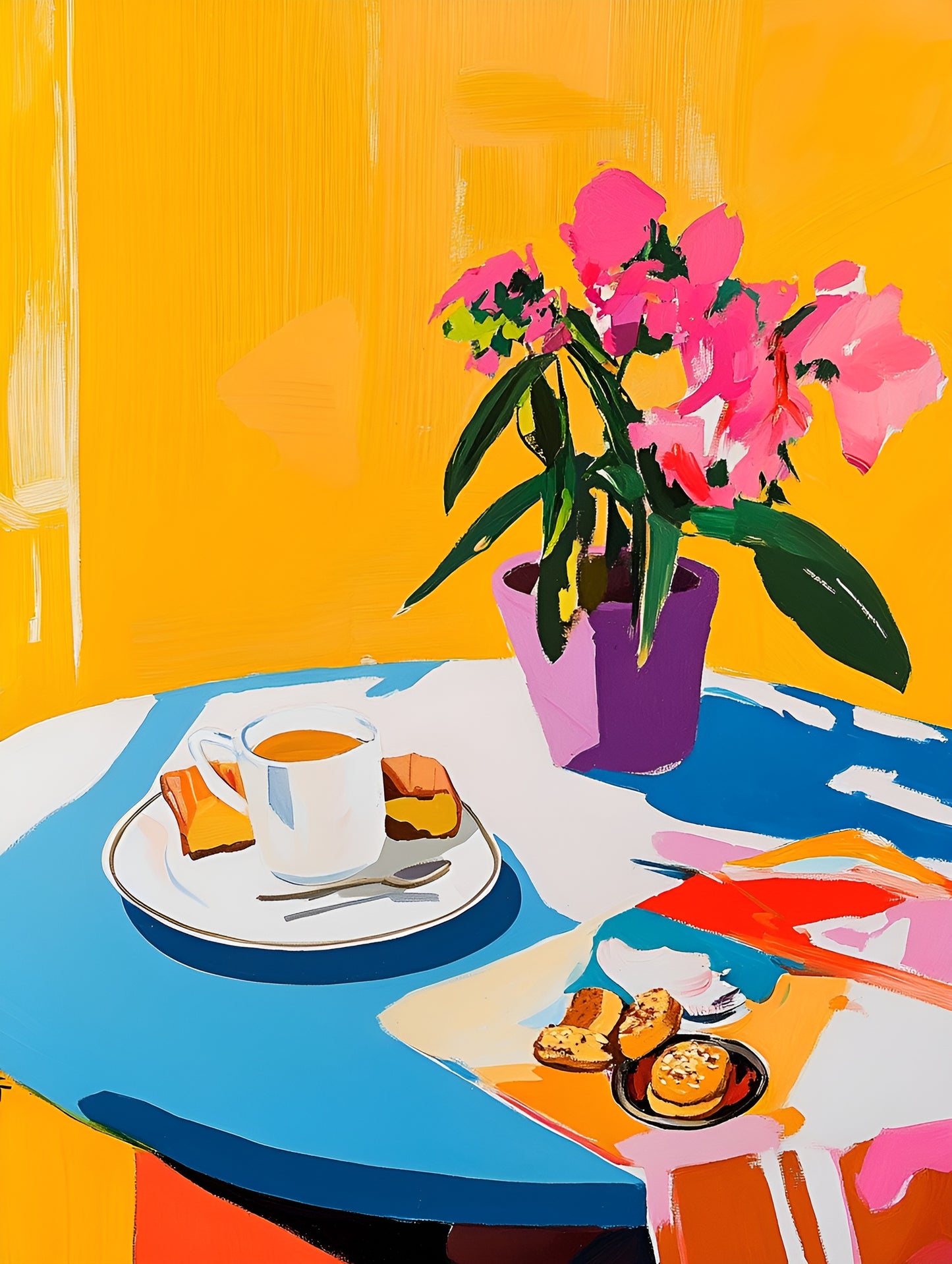 Blue morning coffee canvas art print featuring a breakfast scene, 120x90cm, by My Store.