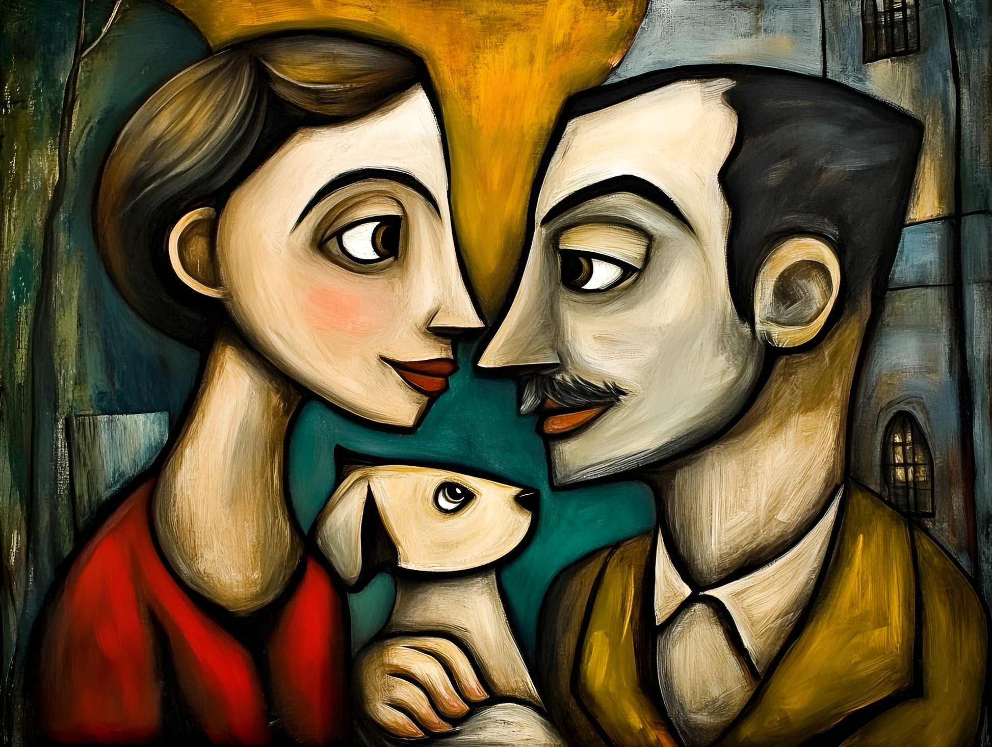 Abstract cubist couple with dog canvas art print in amber tones, 100x130cm by My Store