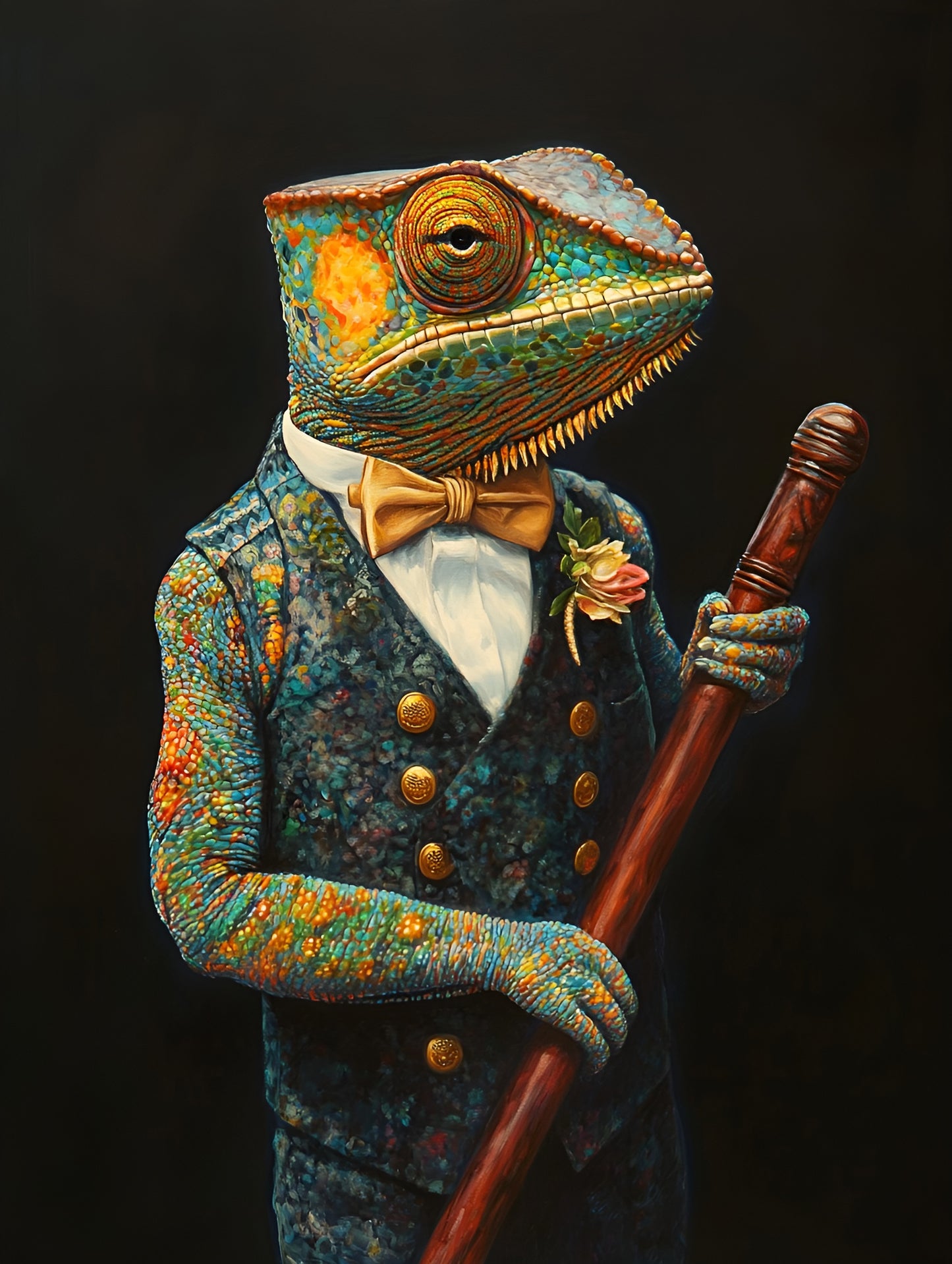 Chameleon anthropomorphic animal portrait canvas print by My Store, featuring vibrant colors and character art style.