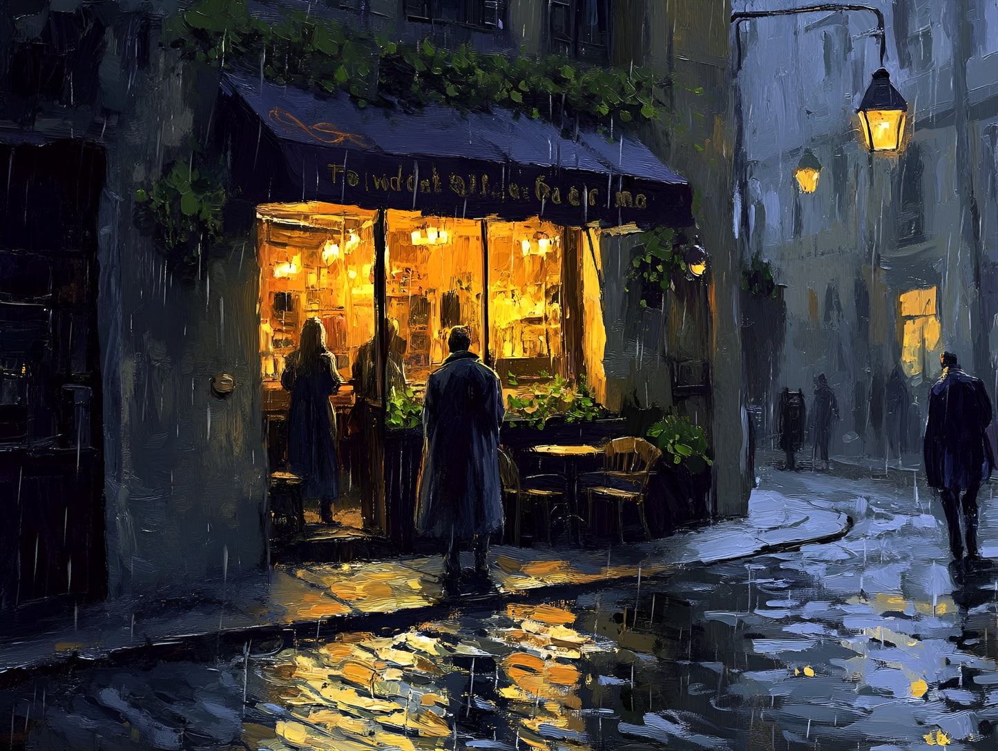 Atmospheric canvas art of a Paris street scene at night, featuring glowing lights and a bistro, by My Store.