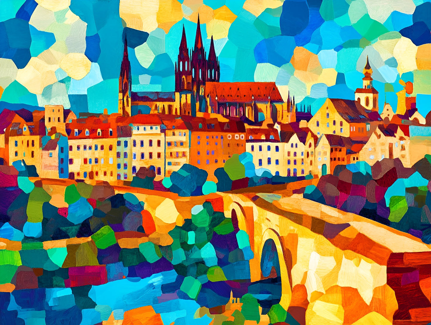 Abstract landscape canvas print in vibrant colors, 90x120cm, by My Store, featuring architectural elements.