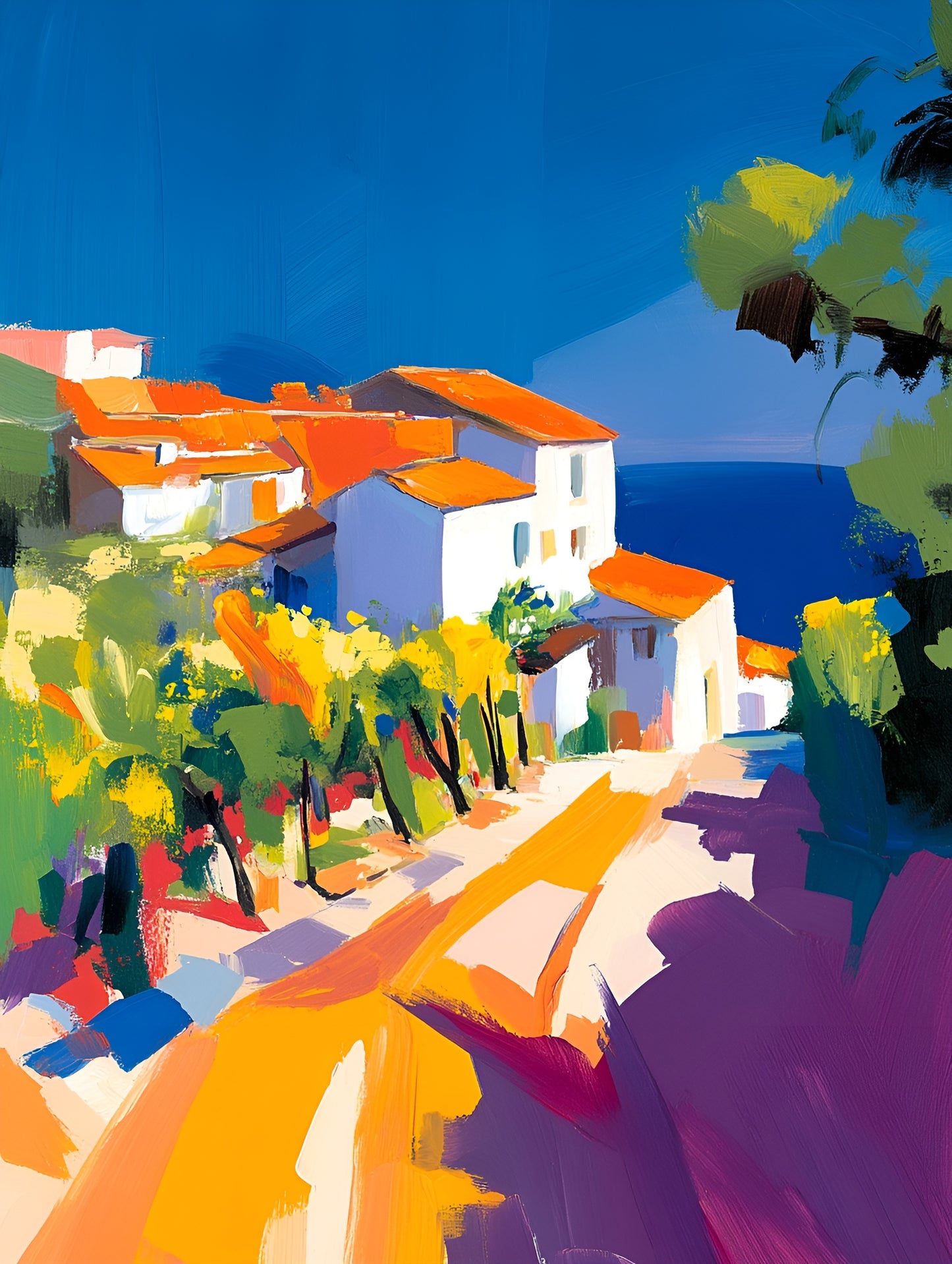 Mediterranean Village canvas print in azure blue, 100x130cm, coastal wall art by My Store