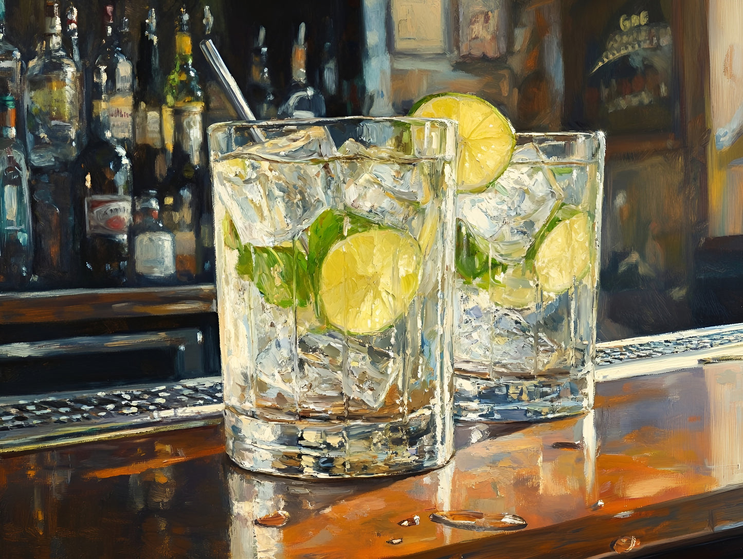 Colorful gin and tonic canvas art print featuring two glasses with lime and mint, ideal for bar wall decor.