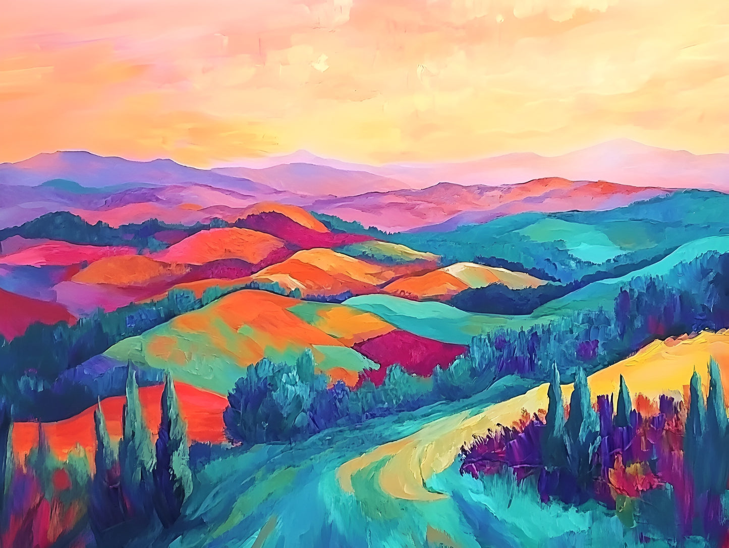 Colorful canvas wall art featuring radiant hills in a contemporary landscape design by My Store, 120x90cm