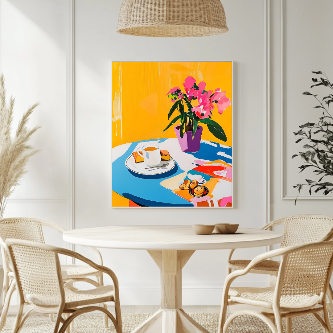 Blue morning coffee canvas art print featuring a breakfast scene, 120x90cm by My Store