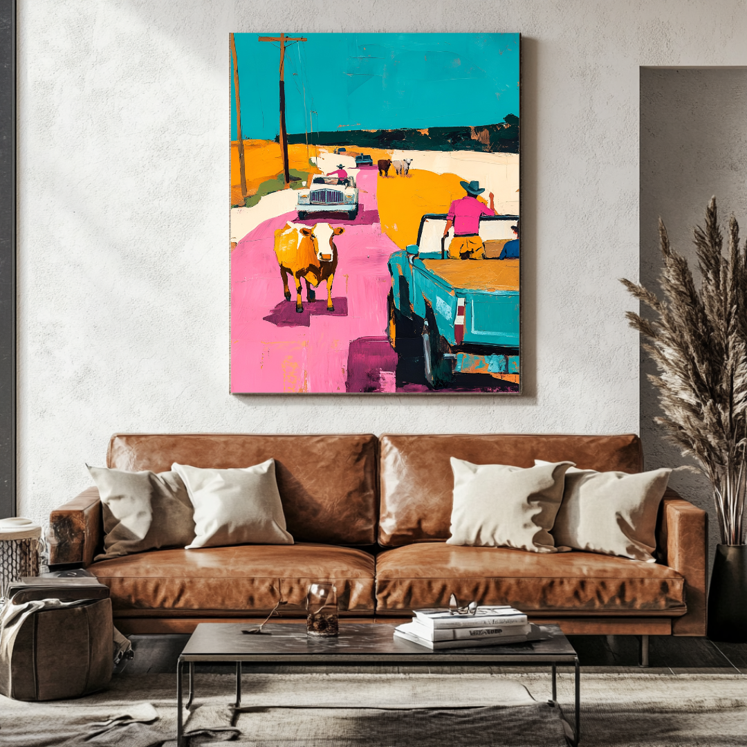 Western art print featuring cattle and Cadillacs on canvas, 120x90cm, by My Store