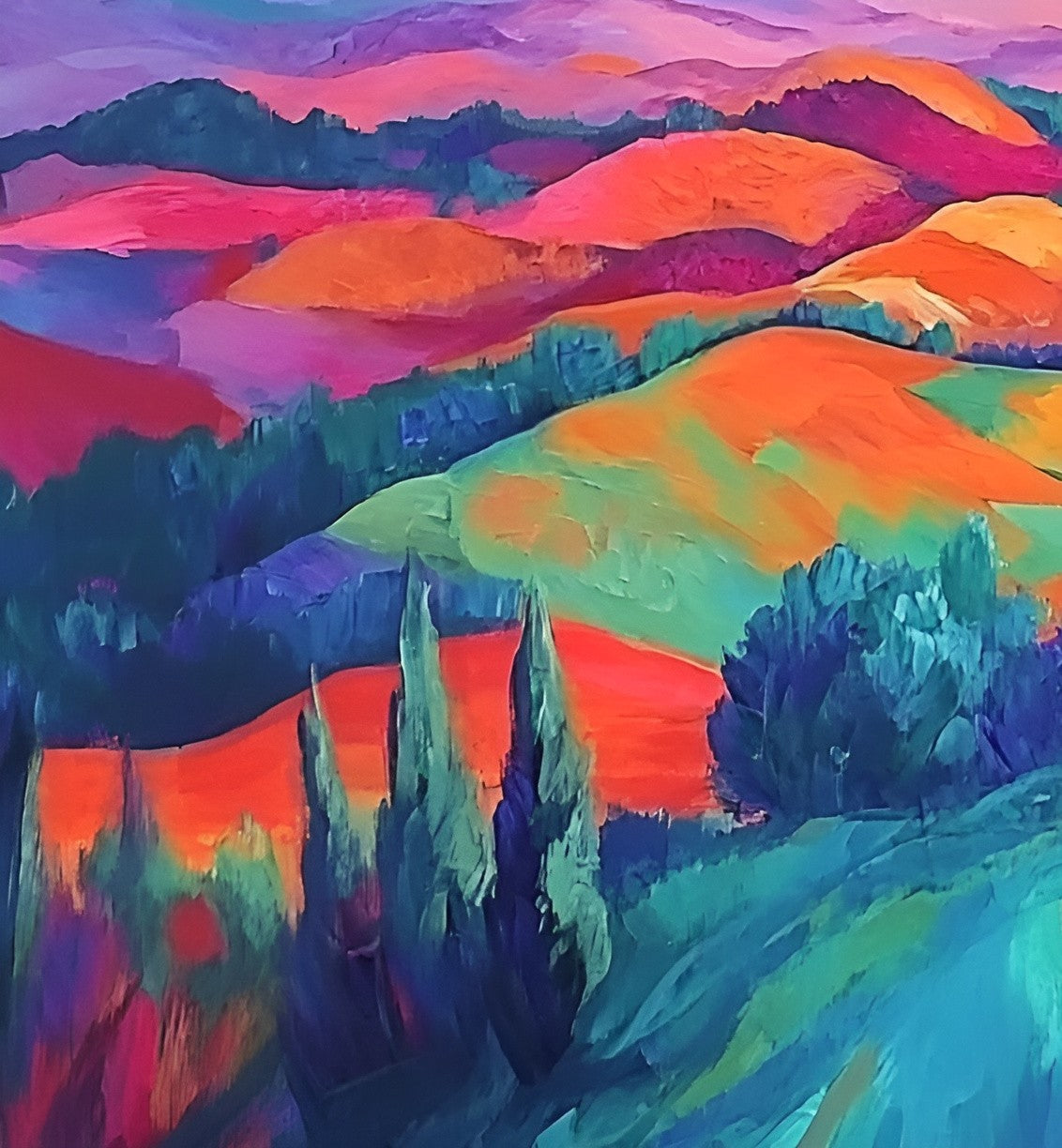 Large colorful canvas wall art featuring vibrant hills, 120x90cm, by My Store for contemporary bedroom decor.