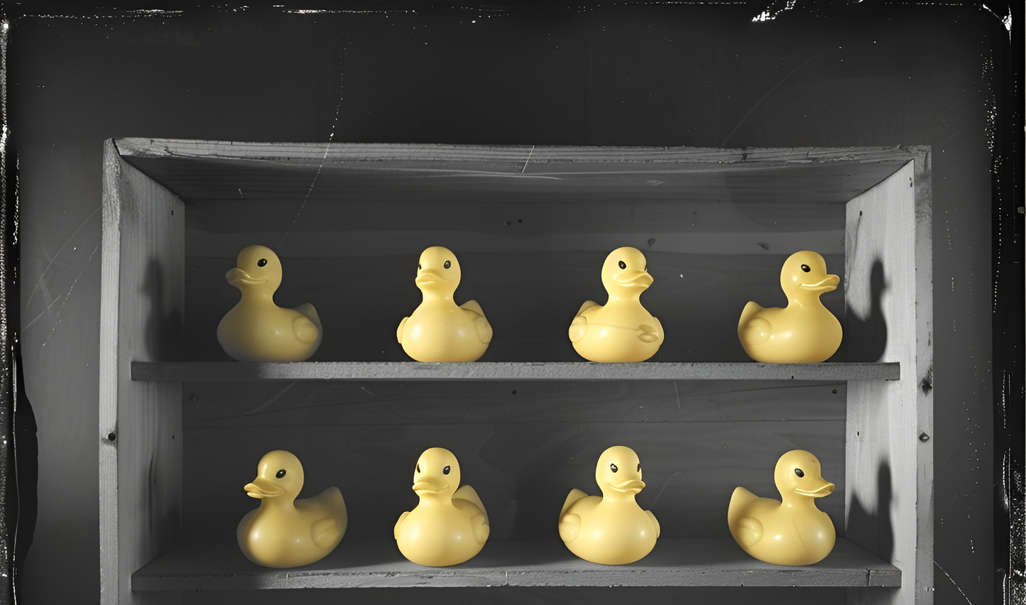 Yellow rubber ducks arranged on a wooden shelf, showcasing a playful and contemporary decor style.