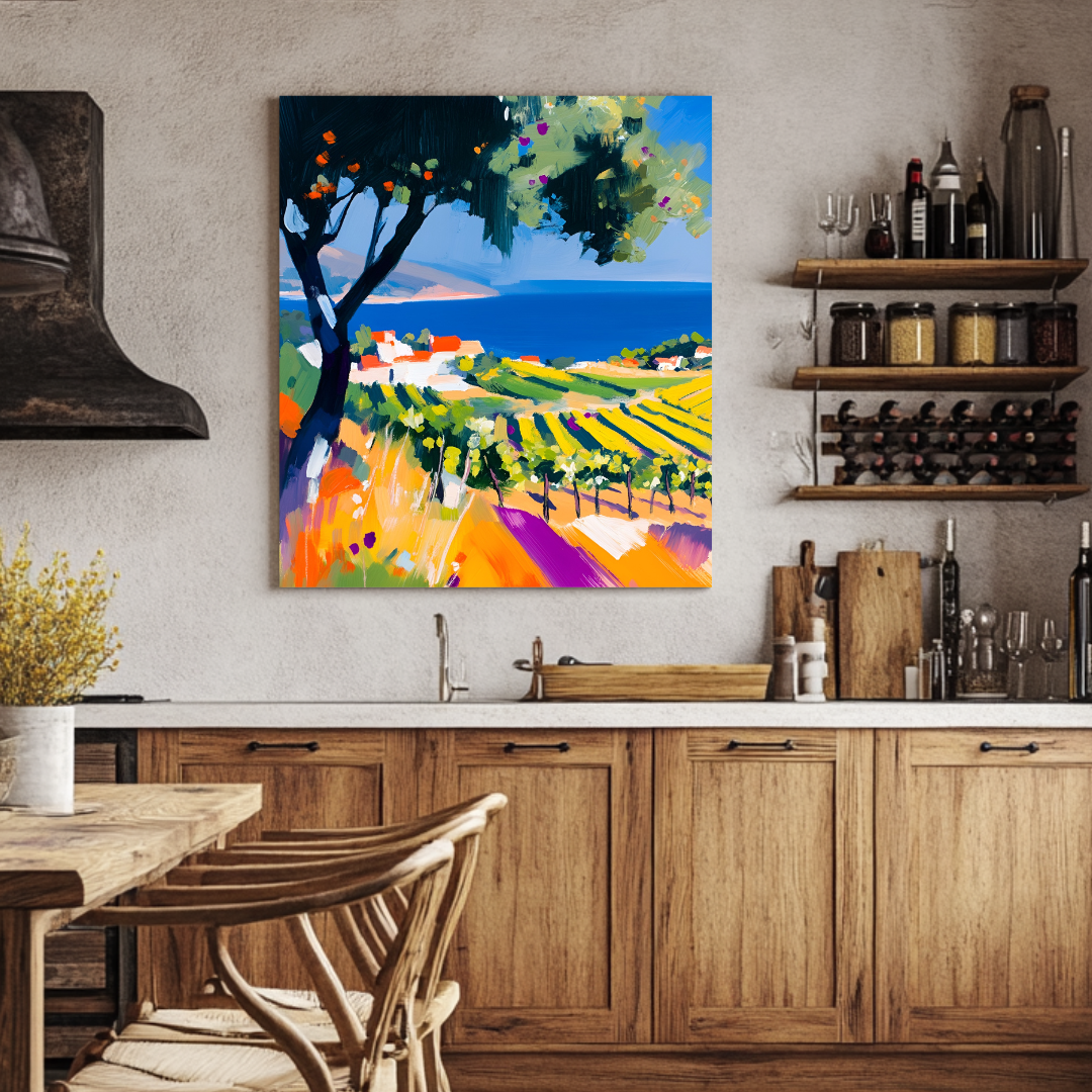 Mediterranean vineyard landscape art print on canvas, featuring vibrant colors and contemporary style by My Store