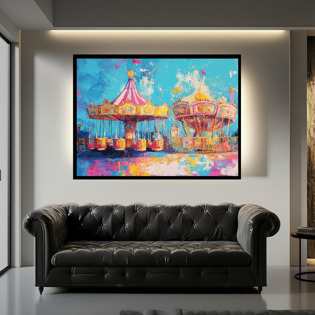 Vintage carnival carousel canvas wall art by My Store, colorful giclée print, 150x100cm, day scene