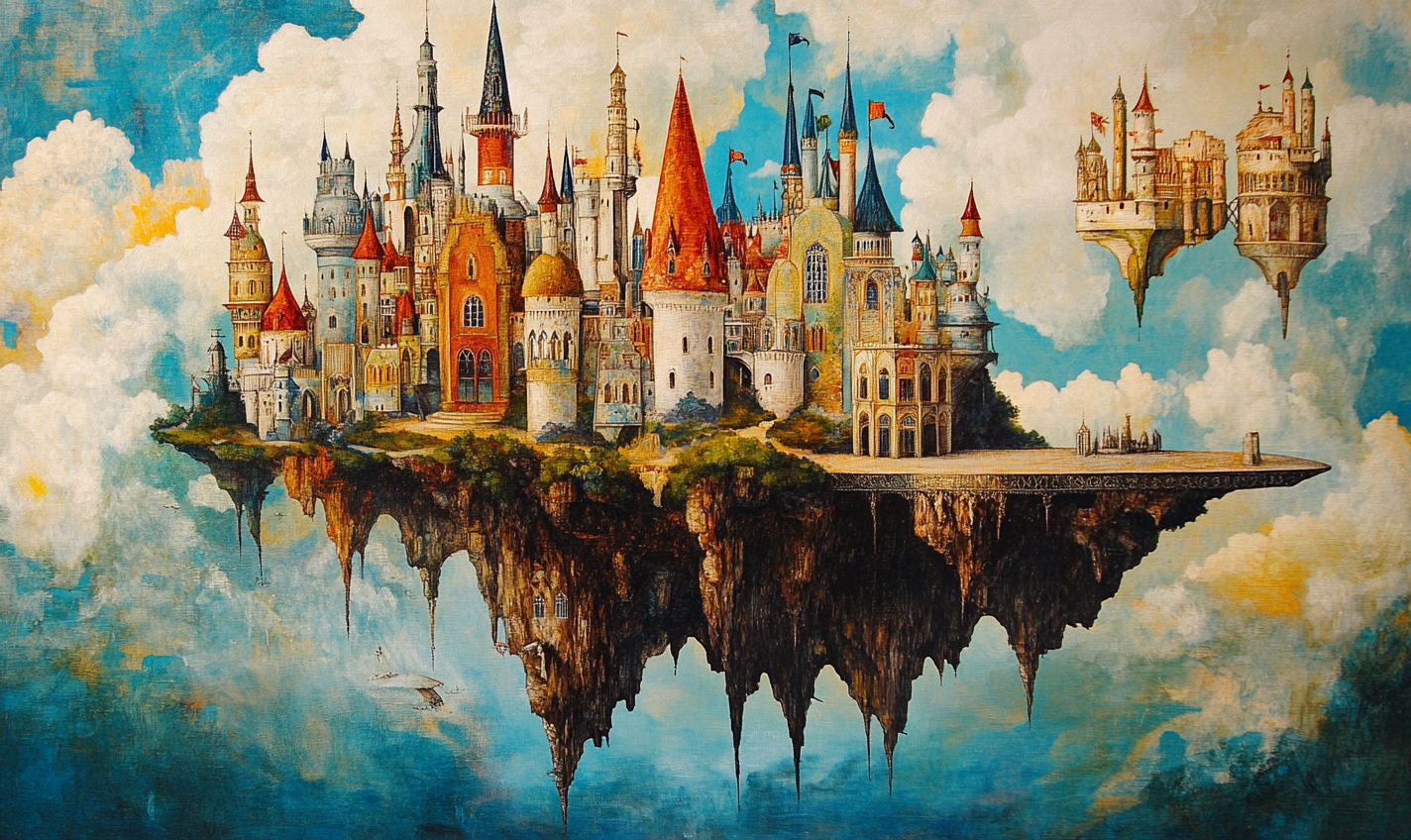 Surreal digital art print featuring whimsical aerial scenes, canvas material, 120x71cm, by My Store.