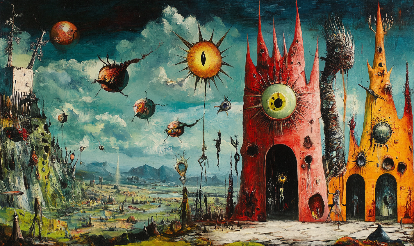 Surreal clocktower digital art print on canvas, 80x47cm, by My Store, featuring intricate architectural details.