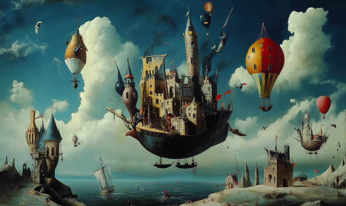 Floating Citadel digital art print on canvas, 80x47cm, featuring contemporary architectural design in vibrant colors.