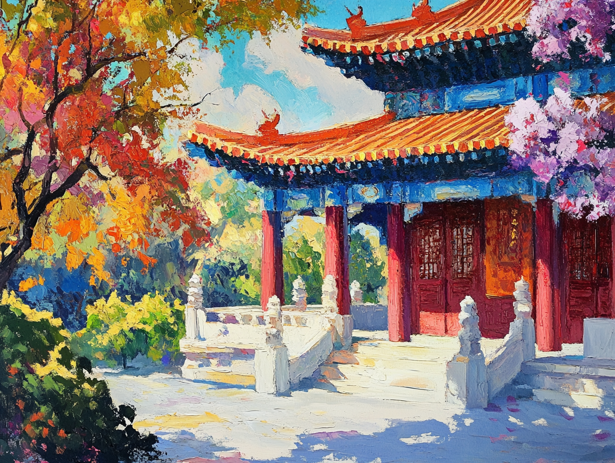 Large 90x120cm giclée canvas print of architectural art by My Store, featuring vibrant colors and intricate details.