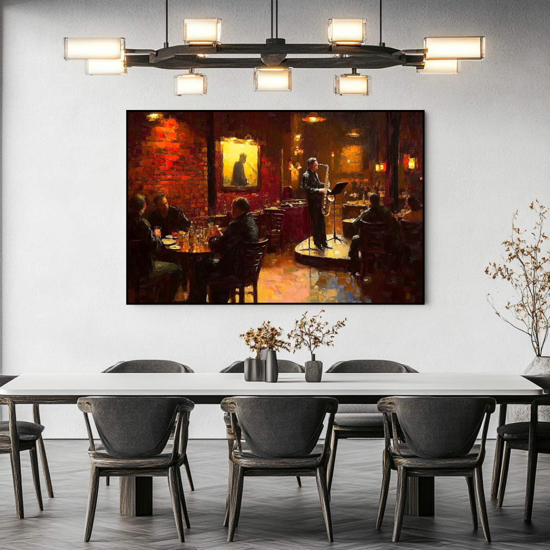 Open Mic Night canvas art print featuring an acoustic guitar in a vibrant bar setting, 130x93cm by My Store