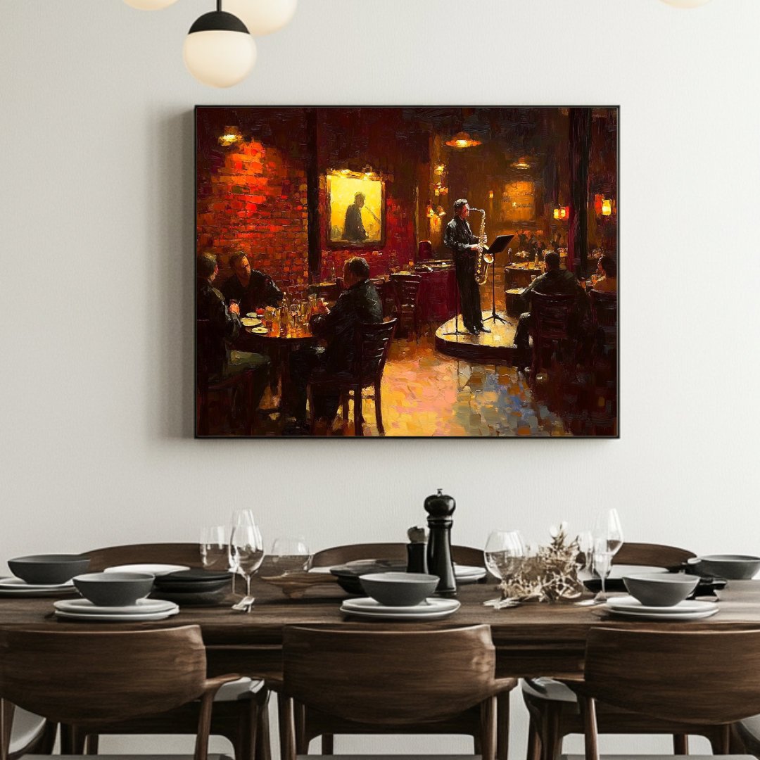 Colorful cityscape print featuring a lively bar scene with bartenders, by My Store.
