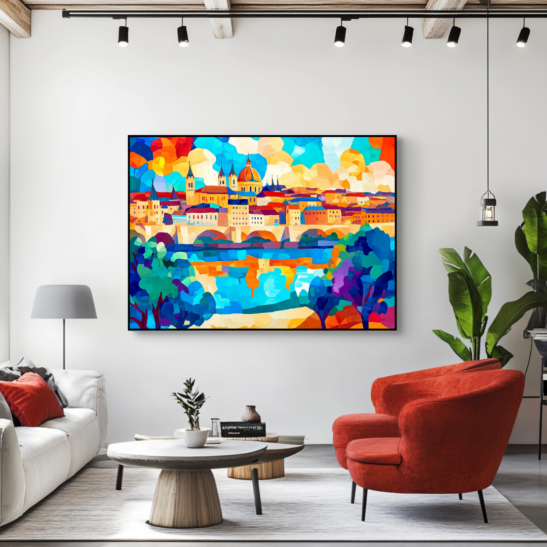 Golden arches in an abstract landscape canvas print by My Store, 130x93cm, vibrant colors and modern design.