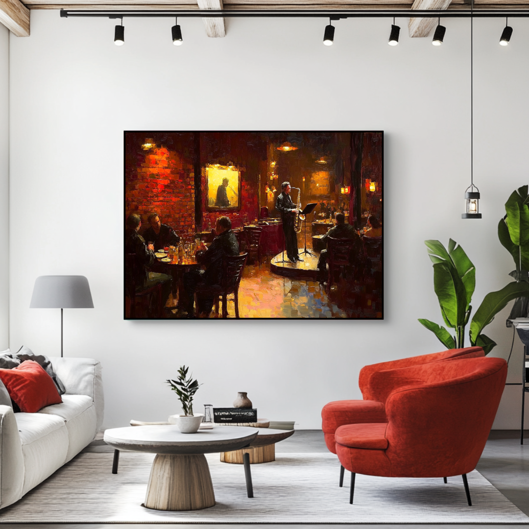 Open Mic Night canvas art print featuring an acoustic guitar, vibrant colors, 130x93cm by My Store