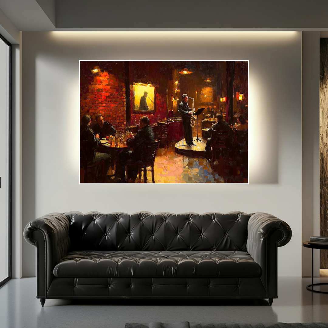 Open Mic Night canvas art print featuring an acoustic guitar, vibrant colors, 130x93cm by My Store